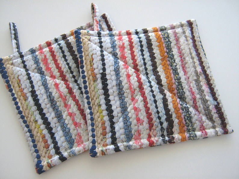 Rag Rug Look Potholders Handmade Quilted Hot Pads Retro 70s Etsy