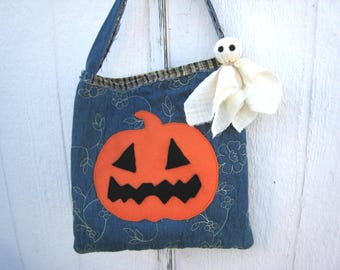 Trick or Treat Bag, Rustic Halloween Doorhanger Decoration with Pumpkin and Ghost, USA Handmade
