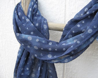 Indigo Polka Dot Scarf, Crinkle Chiffon Blue Summer Scarf, Handmade in the USA