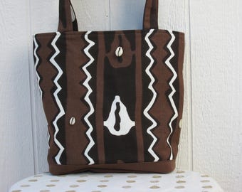 Afrohemian Tote Bag with Shells, Brown & White Tribal Print Canvas Shopper, USA Handmade