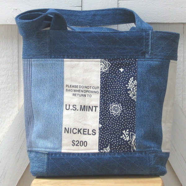 Upcycled Denim Tote in Patchwork Repurposed Blue Jeans Denim & Vintage Coin Bag Cotton. Lined Big Bag with Pockets, Boho Lover Gift