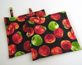 Red Green Apples Potholders, Delicious Apples Hot Pads, USA Hand Made Gift for Teacher, Stocking Stuffer