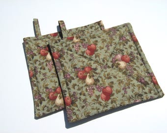 Potholders w. Apples, Pears & Plums, Summer Orchard on Sage Green Cotton, Handmade Quilted Hot Pads, USA Made Stocking Stuffer, Hostess Gift