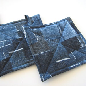 Faux Denim Potholders, Quilted Indigo Blue Patchwork Look Hot Pads, USA Handmade Housewarming, Hostess Gift
