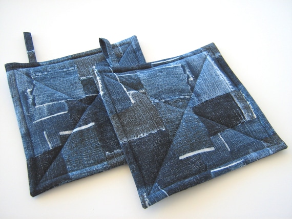 Faux Denim Potholders, Quilted Indigo Blue Patchwork Look Hot Pads, USA Handmade Housewarming, Hostess Gift