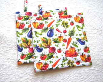 Summer Veggie Potholders, Quilted Colorful Hot Pads Handmade in USA