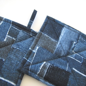 Faux Denim Potholders, Quilted Indigo Blue Patchwork Look Hot Pads, USA Handmade Housewarming, Hostess Gift image 8