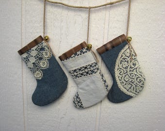 Mini Christmas Stockings, Blue Chambray, Brown Plaid & Upcycled Vintage Doilies, Set of Three