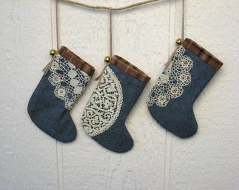Mini Christmas Stockings, Blue Chambray, Brown Plaid & Upcycled Vintage Doilies, Set of Three