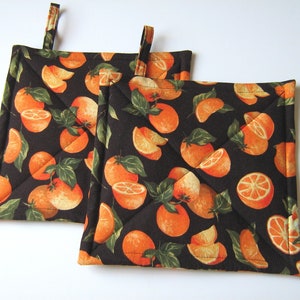 Oranges on Black Quilted Potholders, 8 x 8 Citrus Fruit Handmade Hot Pads for Housewarming or Hostess Gift
