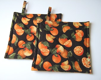 Oranges on Black Quilted Potholders, Luscious Citrus Fruit Hot Pads, USA Handcrafted, Wrapped for Gift Giving