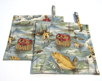 Fish Potholders for Anglers, Fishermen, Cabin and Boat Décor, USA Hand Made Quilted Hot Pads