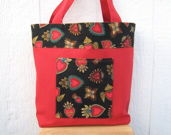 Sacred Hearts Red Canvas Shopping Bag, Day of the Dead Heart Icon Reusable Duck Cloth Tote, USA Handmade