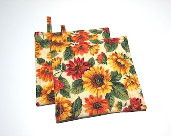 Sunflower Potholders, Yellow Orange Quilted Hot Pads, USA Hand Crafted, Wrapped Ready for Gift Giving