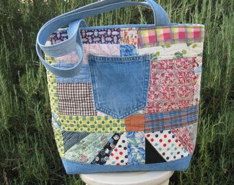 Granny Quilt Tote, Upcycled Vintage Scrap Patchwork Bag with Zipper, USA Hand Made