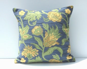 Yellow, Blue & Green Florals Pillow Cover, Indigo and Honeycomb Two-Sided Pillow, Big Yellow Flowers, 17 x 17 inches