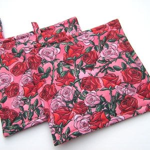 Red Roses Potholders, Pink Sweetheart Rose Quilted Hot Pads, Romancecore USA Handmade Valentine's or Hostess Gift