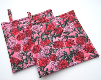 Red Roses Potholders, Pink Sweetheart Rose Quilted Hot Pads, Romancecore USA Handmade Valentine's or Hostess Gift