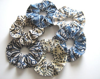 Indigo Blue Batik Scrunchies for Fine Hair, Set of 6, Boho Island Cotton Ponytail Holders, USA Made Hair Accessories