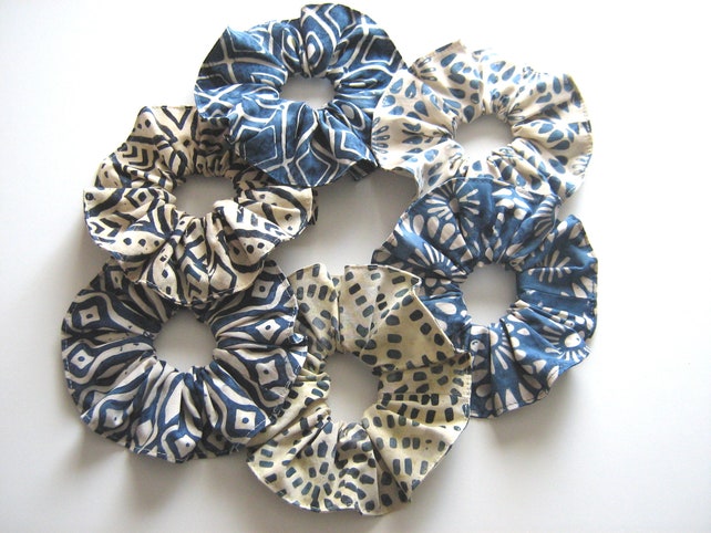 Indigo Blue Batik Scrunchies for Fine Hair, Set of 6, Boho Island Cotton Ponytail Holders, USA Made Hair Accessories