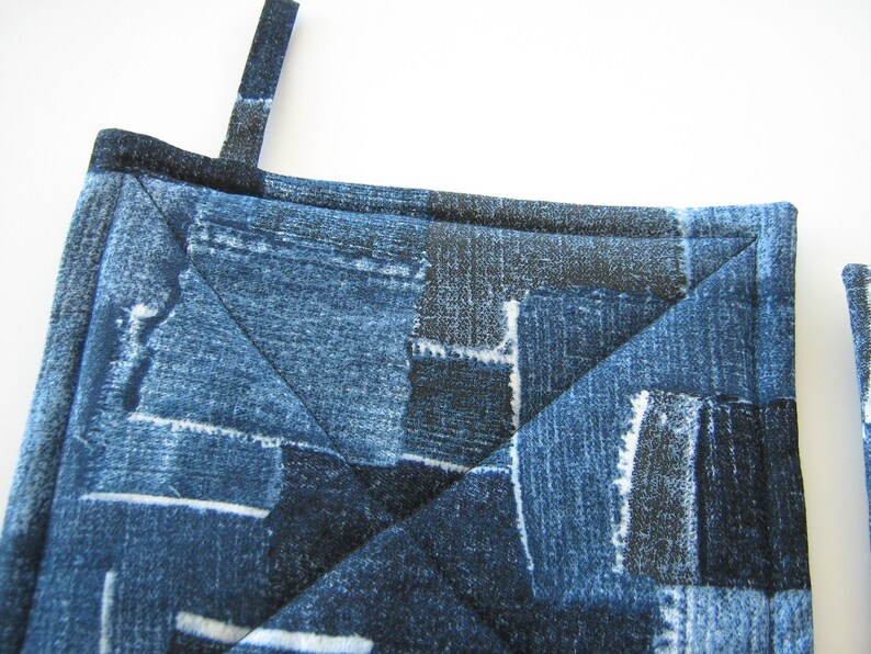 Faux Denim Potholders, Quilted Indigo Blue Patchwork Look Hot Pads, USA Handmade Housewarming, Hostess Gift image 4