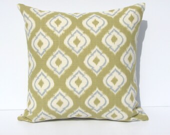 IKAT Pillow Cover in Frosted Lime, Diamond-Pattern Pale Green, Dusty Blue, Cream Linen, 17 x 17 Inches, Spring & Summer Décor
