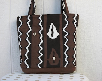 Afrohemian Tote Bag with Shells, Brown & White Tribal Print Canvas Shopper, USA Handmade