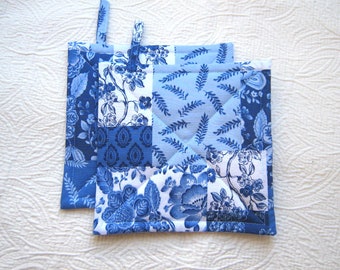 Faux Patchwork Potholders in Blue and White, Spring and Summer Kitchen Décor, Quilted Hot Pads, USA Handmade, Wrapped for Gift Giving