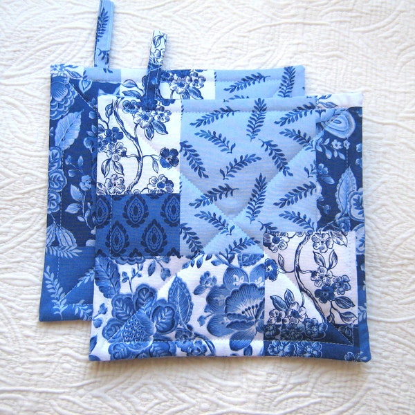 Faux Patchwork Potholders in Blue and White, Spring and Summer Kitchen Décor, Quilted Hot Pads, Handmade Mother's Day or Quilter's Gift