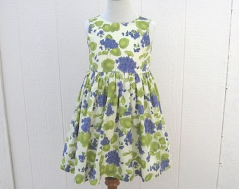 Girl's Floral Dress with Violets, Flowers and Leaves, Lined Summer Dress with Pockets, Girls Size 6