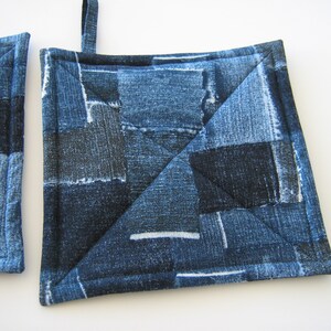 Faux Denim Potholders, Quilted Indigo Blue Patchwork Look Hot Pads, USA Handmade Housewarming, Hostess Gift image 5