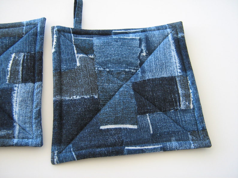 Faux Denim Potholders, Quilted Indigo Blue Patchwork Look Hot Pads, USA Handmade Housewarming, Hostess Gift image 5