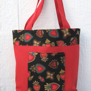 Sacred Hearts Red Canvas Shopping Bag, Day of the Dead Heart Icon Reusable Duck Cloth Tote, USA Handmade image 2