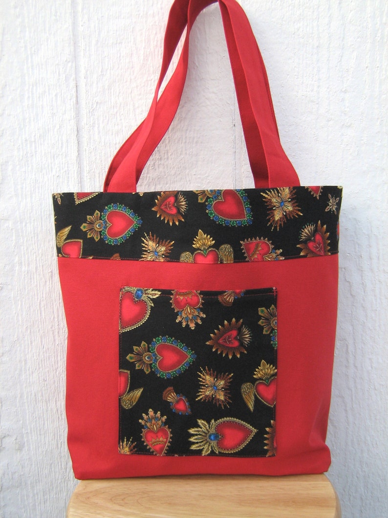 Sacred Hearts Red Canvas Shopping Bag, Day of the Dead Heart Icon Reusable Duck Cloth Tote, USA Handmade image 2