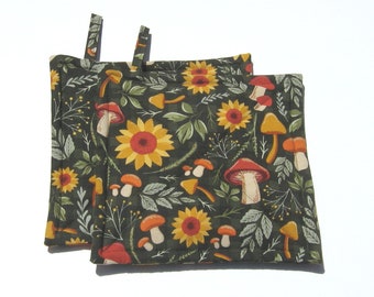 Mushroom and Sunflower Potholders, Forest Green Hot Pads, USA Handmade Housewarming or Hostess Gift, Stocking Stuffer, Gift Wrapped
