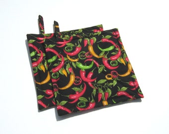 Chili Pepper Potholders, Red, Green & Yellow SW Quilted Hot Pads, US Handmade, Gift Wrapped