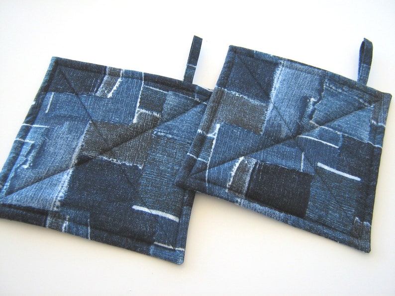 Faux Denim Potholders, Quilted Indigo Blue Patchwork Look Hot Pads, USA Handmade Housewarming, Hostess Gift image 7