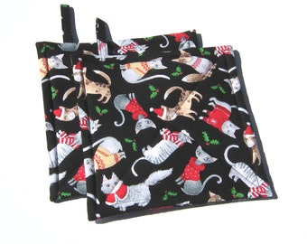 Christmas Cat Potholders, Whimsical Holiday Felines in Sweaters, Quilted Hot Pads Stocking Stuffer, Gift Wrapped