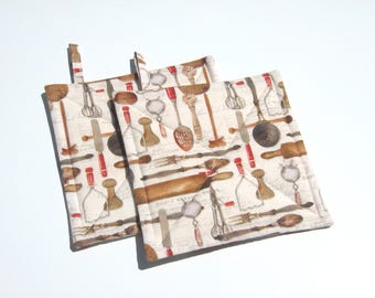 Kitchen Tools Potholders, Old-Time Cooking Utensils Quilted Hot Pads, USA Hand Made, Wrapped for Gift Giving
