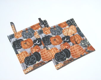 Spooky Pumpkin Potholders, Halloween Bats & Spiders, USA Handmade Hot Pads, Wrapped Ready for Gift Giving