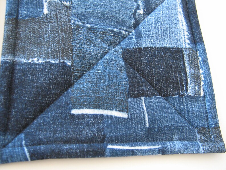 Faux Denim Potholders, Quilted Indigo Blue Patchwork Look Hot Pads, USA Handmade Housewarming, Hostess Gift image 6