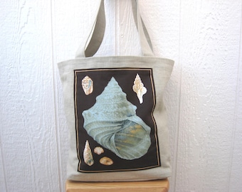 Seaside Tote, Beige Beach Bag with Blue & Yellow Seashells for Market, Shopping or Travel, Handmade in New Mexico