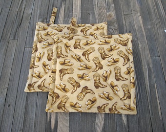 Cowboy Boots & Hats Potholders, Brown Gold Hand Made Quilted Hot Pads, Wrapped for Gift Giving