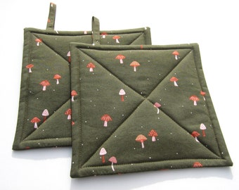 Mushroom Potholders, Tan & Copper Tiny Fungi on Moss-Green Quilted Hot Pads, USA Handmade Birthday or Hostess Gift