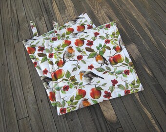 Birds in Apple Tree Potholders, USA Hand Made Quilted Hot Pads, Wrapped for Gift Giving