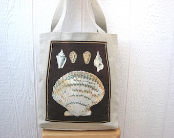 Seaside Tote with Pocket, Beige Beach Bag with Seashells for Market, Shopping or Travel, USA Handmade in New Mexico