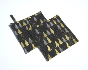 Christmas Tree Potholders, Gold White & Black Quilted Hot Pads, USA Handmade, Wrapped Ready for Gift Giving