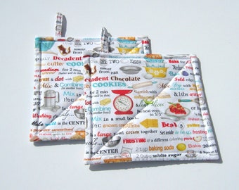 Kitchen Tools Potholders, Baking Supplies Print, Handmade Quilted Hot Pads, Wrapped for Gift Giving