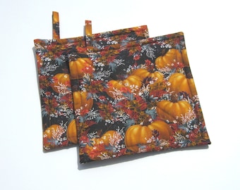 Rustic Pumpkin Potholders. Autumn Leaves and Grasses. Rustic Farmhouse Décor. USA Handmade Housewarming or Hostess Gift