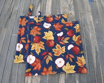 Apples & Maple Leaves Potholders, Autumn Décor Quilted Hot Pads, USA Hand Made, Wrapped for Gift Giving